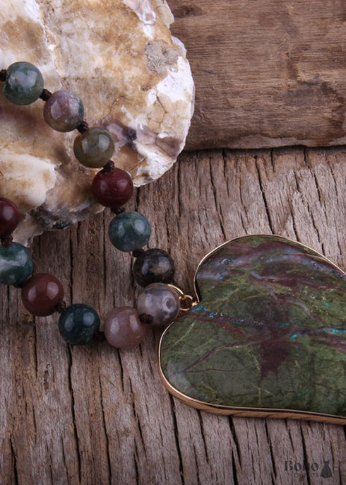 Boho Necklace, RH India Agated Green Heart Natural Stone
